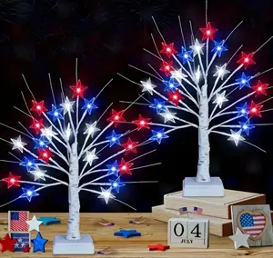 July 4th Independence Day Artificial Birch Tree Decorative Lights - 24 LED Red, White, and Blue Flag and Star Lights, Battery and USB Powered, Perfect for Anniversaries, 4th of July Celebrations,Family Dinner Parties, Patriotic Decorations, and Room Decor