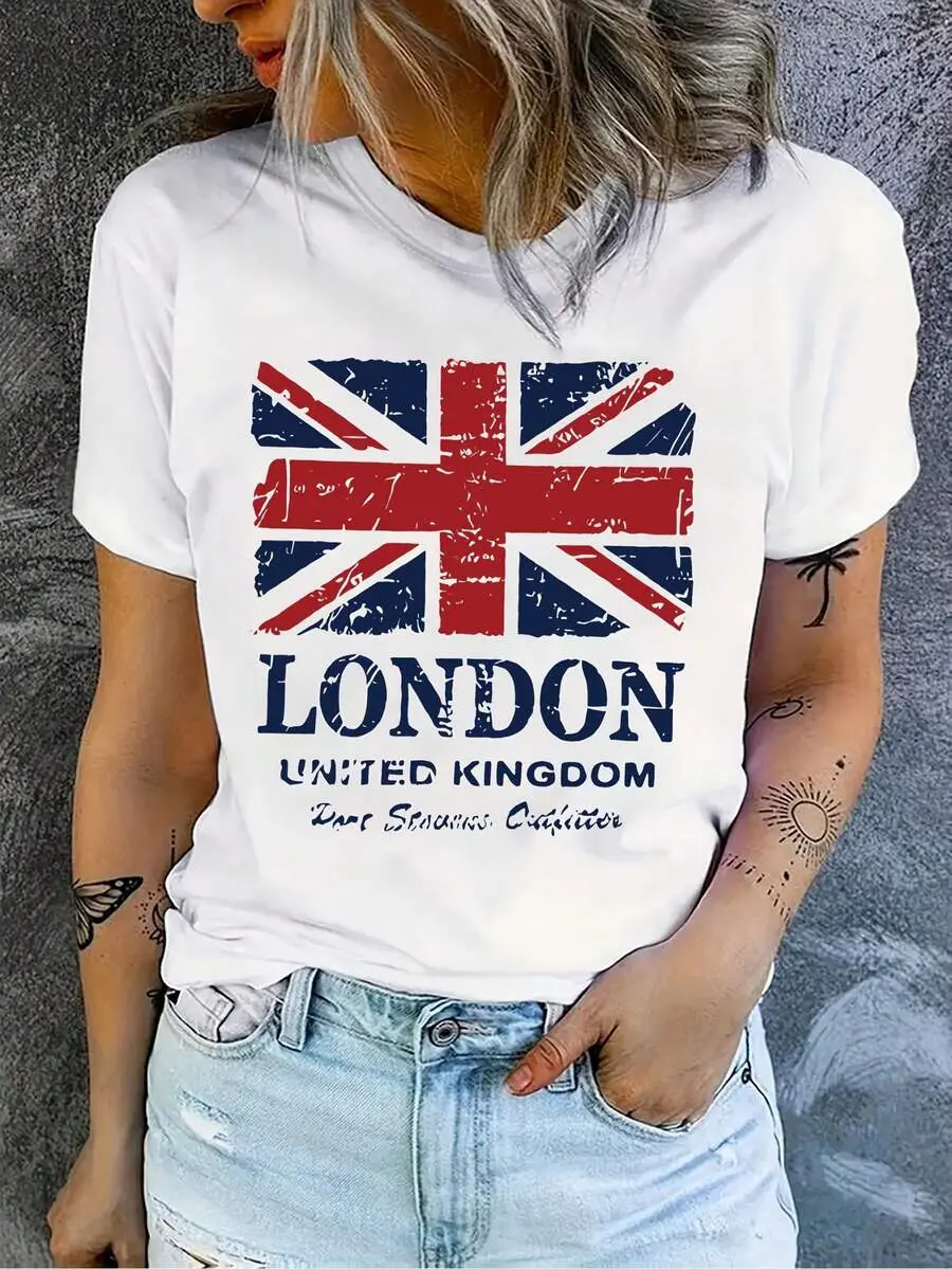 Fashionable City London British Flag T-Shirt Graphic Print T-Shirt, Short Sleeve Round Neck Summer And Spring Casual Tops, Women's Clothing