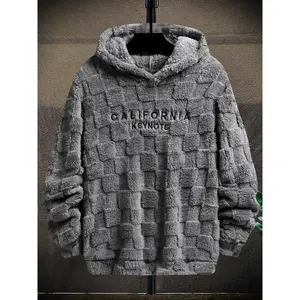 Men's Letter Embroidery Drop Shoulder Fuzzy Hoodie, Regular Fit Casual Fashion Fabric Long Sleeve Hooded Sweatshirt for Spring & Fall, Mens Clothing, Fashion Men's Longsleeves Clothes for Daily Wear, Streetwear, Trendy Clothes