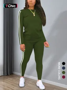 Women's Striped Print Long Sleeve Top & Pants Two-piece Set, Casual Fashion Cozy Round Neck Top & Trousers for Daily Outdoor Wear, Ladies Clothes for Spring