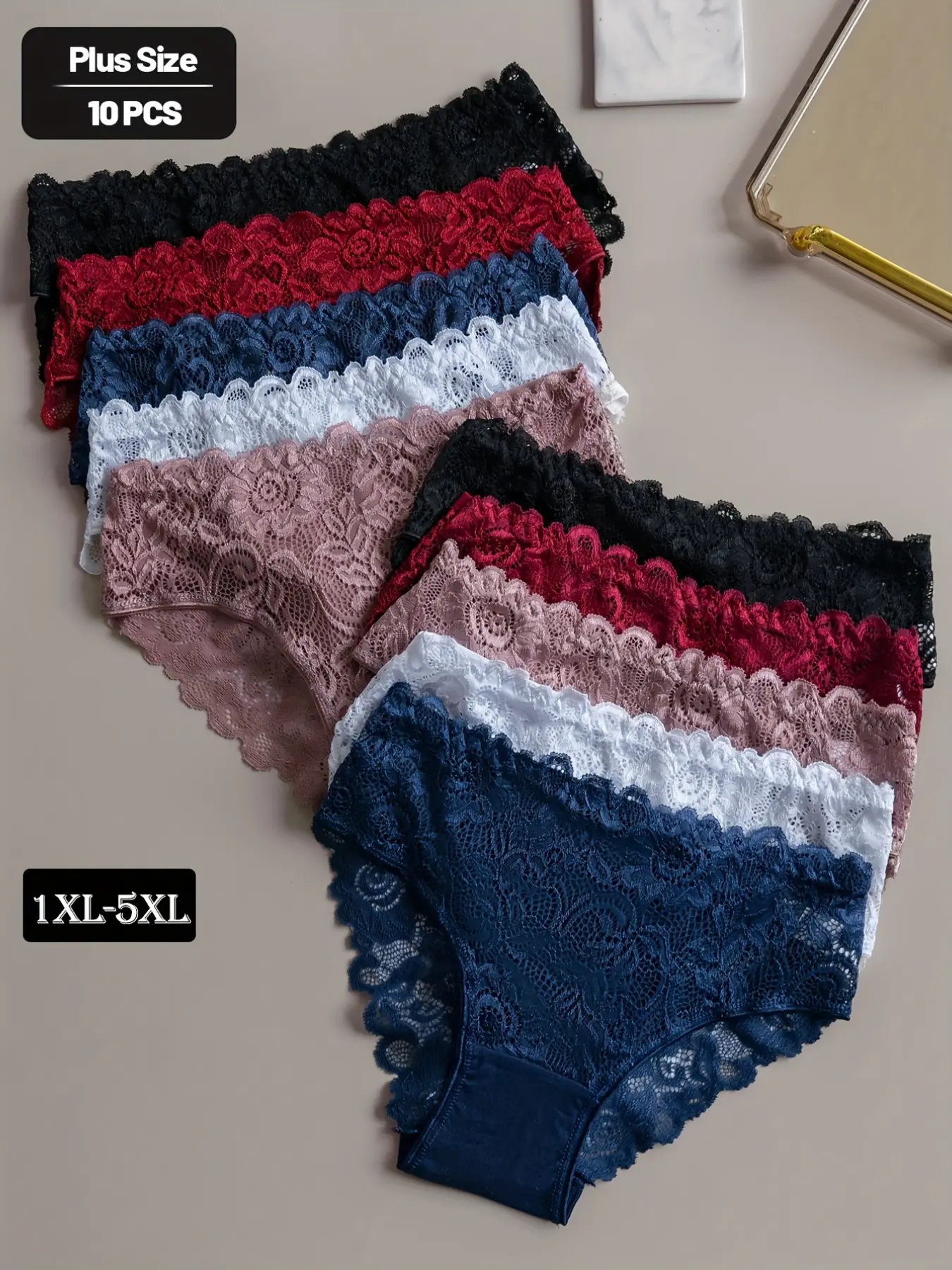 10 Pack Plus Size Women's Triangle Panties, Kardashian Style Elegant High Waist Panty Lace Underwear, Comfortable Loose-Fitting Knickers in 1xl-5xl, High Waisted Panties, Contrast Lace Panties