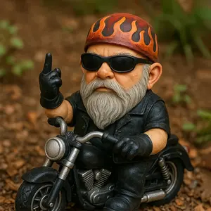 Motorcycle Riding Garden Gnome Statue, Flame Helmet & Peace Sign Design, Durable Weather-Resistant Resin Material, Perfect Decorative Home Decor Accessory, Garden Accessories