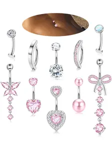 10 Pcs Belly Button Rings Set, Dangle Surgical Stainless Steel, 14g Cz Heart Opal Clicker, Floating Navel Piercing Jewelry, Vintage Body Jewelry