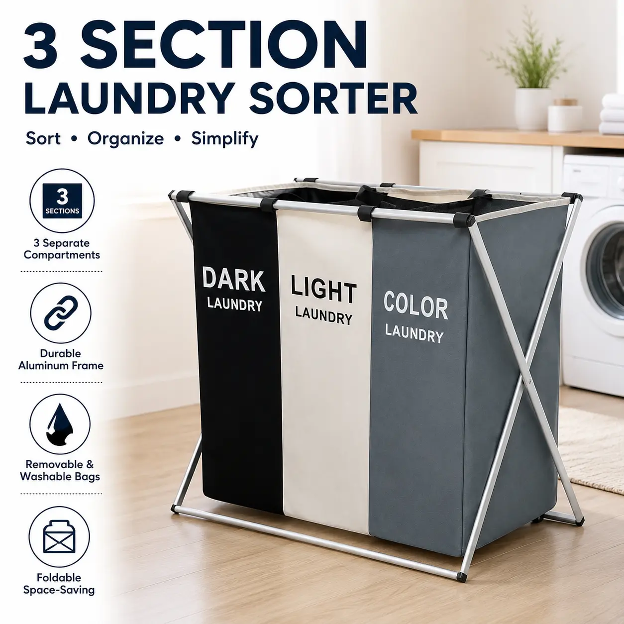 Collapsible 3 Section Laundry Hamper Sorter Folding Aluminium Frame Portable Handles Sturdy Metal Waterproof Oxford Fabric Large Capacity Dirty Clothes Organizer Basket for Bedroom Bathroom Dorm Home