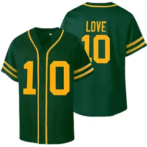 Men's Baseball Jersey Loose Fit Button Sports Top with Number 10 Design Breathable Green and Yellow Four Seasons Short Sleeve Stripes and Back Print Sizes S-3XL