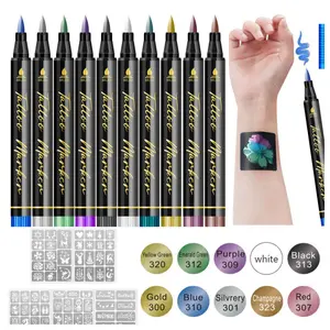 10-Color Temporary Tattoo Markers for Skin, Body Markers Tattoo Pens Face Paint Kit with Flexible Brush Tip, Waterproof and Sweatproof Long-lasting Body Art Markers for DIY Designs for kids and Adults, Perfect for Parties and Christmas gifts, Cosmetic