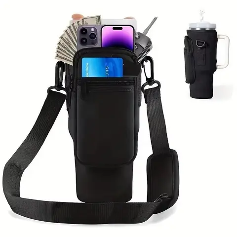 Water Bottle Carrier Bag, 1/2/4 Counts Tumbler Cups Holder with Adjustable Shoulder Strap, Water Bottle Carrier with Phone Pouch for Outdoor Hiking, Drink Carrier, Drinkware Accessories