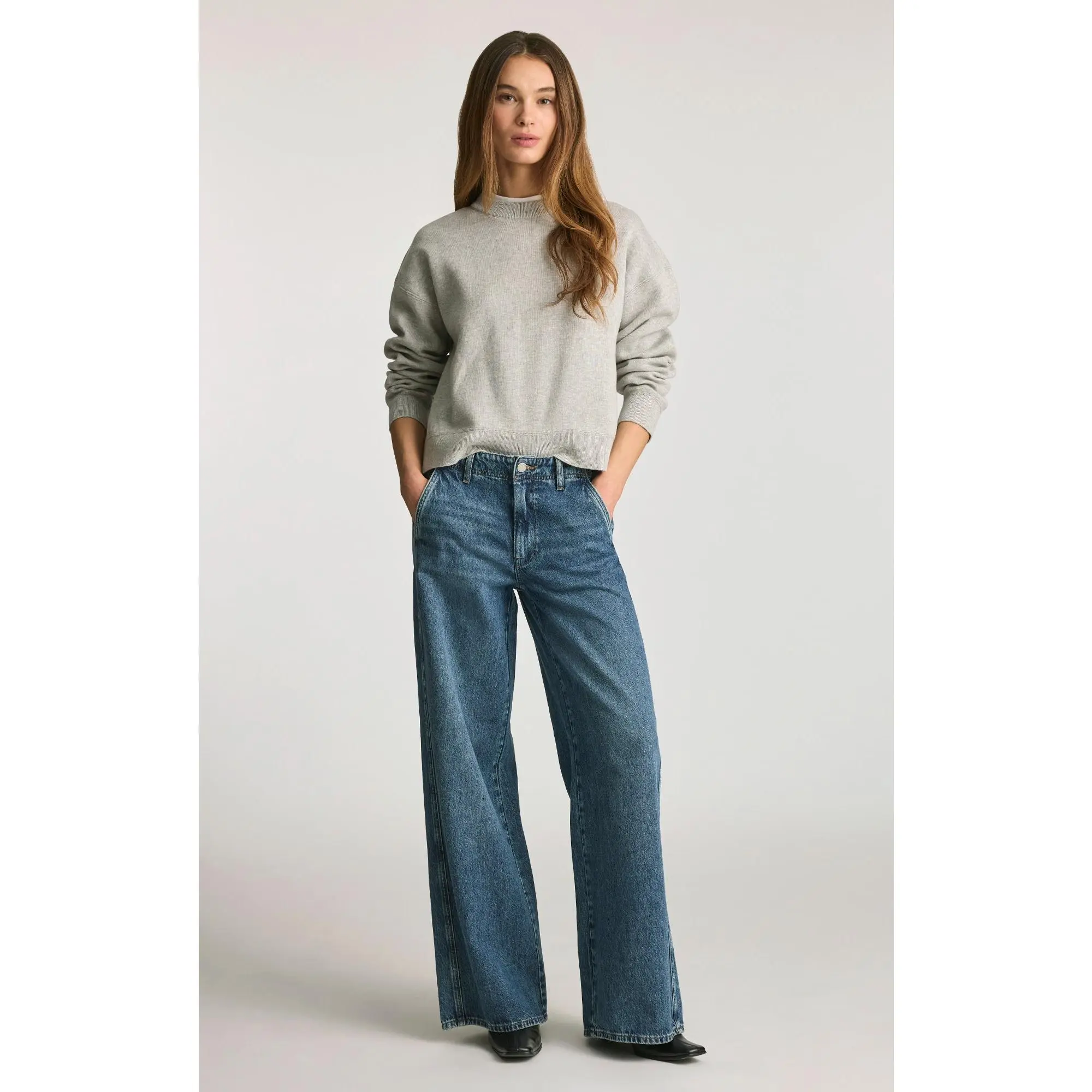 Women's Siena Chino Wide-Leg Jeans - Dark Shaded Well Blue Bottoms, Stylish Trouser for Casual Wear, Pocket