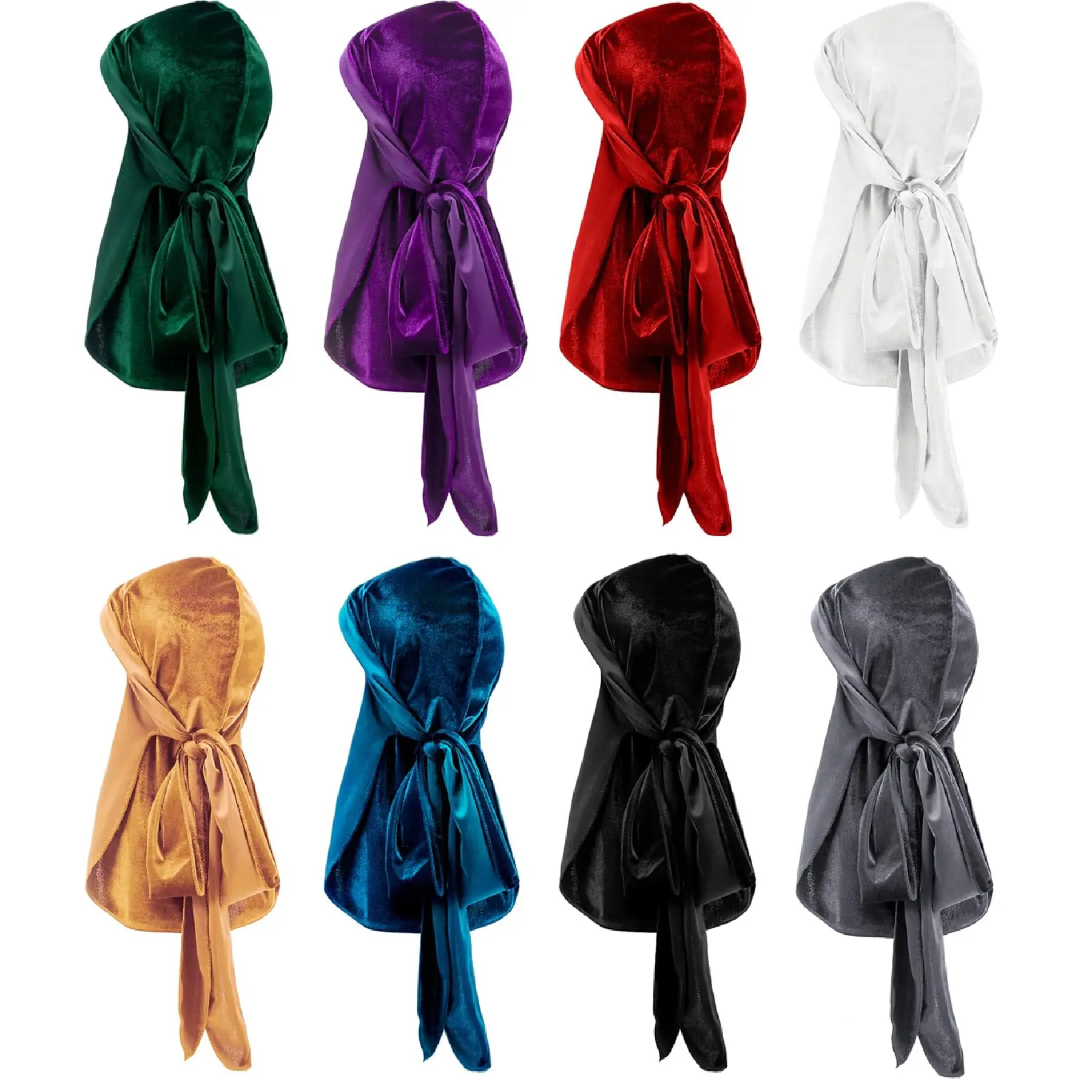8Pcs Male Luxury Velvet Durag Head Cover - Stretchable, Comfortable to Use, 105cm Long Tail, Wide Straps, Wavy Wave Cap for Daily Sleeping, Hip-Hop Fashion, Motorcycle Car Interior Decoration (Automotive & Motorcycle Accessory), 8 Pieces