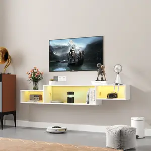 65" Floating TV Stand,3-Shelf Modern Wall Mounted TV Shelf with LED Lights, TV Stand Floating Entertainment Center with Storage for Bedroom Living Room,Modern Floating Shelf for Under TV, White