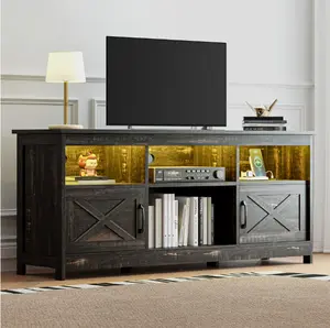 Farmhouse-Inspired TV Stand with Power Outlet, LED-Lit Media Console, Simplistic TV Cabinet for Living Room or Bedroom