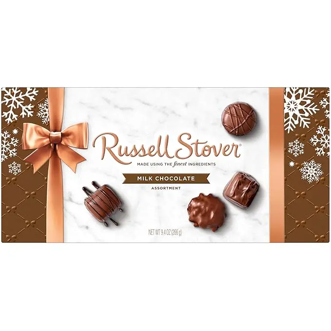 RUSSELL STOVER Milk Chocolate Candy Assortment Gift Box - Peanut, Truffle, Caramel, Strawberry Flavors - 9.4 oz Dessert Snack