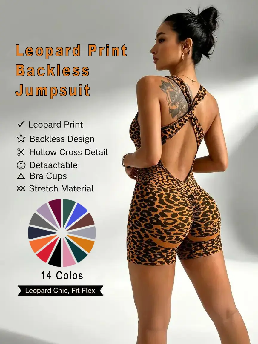 Women's Leopard Print Short Jumpsuit - Backless Hollow Cross - Stretch & Detachable Bra Cups - Fitting & Gym Workout Pants One-Piece Outfit & Fitness Womenswear