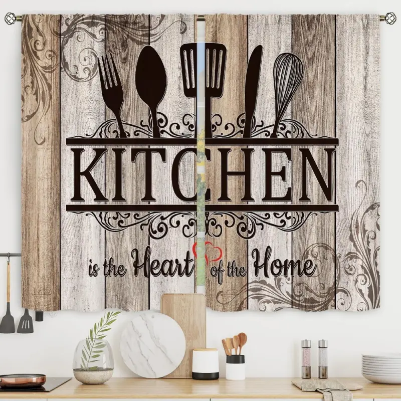 2pcs Retro Farmhouse Ruffle Combo Curtains, Short Small with Funny Quotes & Rustic Wooden Plank Knife-Spoon Prints, Rod Pocket Vintage Brown Country Kitchen Curtains for Bedroom Treatment, Farmhouse Curtains