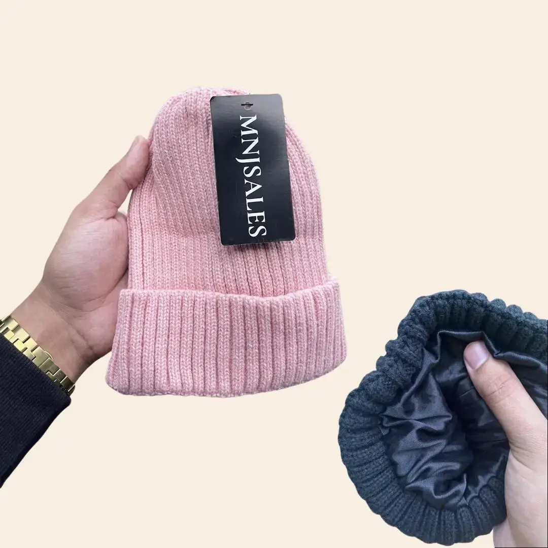 MNJSales Smooth Cotton Satin Lined Fitted Hat Beanie - Plain Rib Knitting Flexible Fit Hat Set, Skin-Friendly for Sensitive Scalps, Natural Moisture Retention, Reduced Friction, All Seasons Temperature Control, Hat Cap