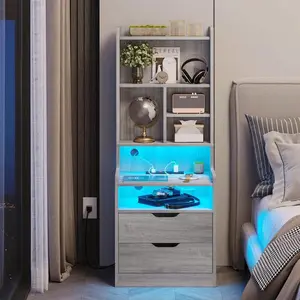 Modern White MDF Bedroom Nightstand - Tall Indoor Side Table with Charging Station, LED Lights, Bookshelf, Drawers, DC Power Connection, Storage