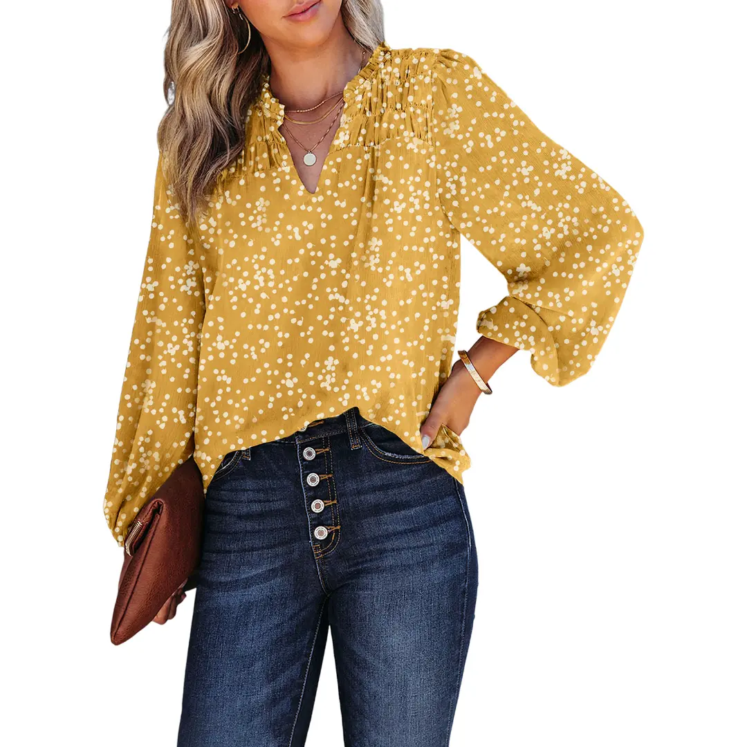 Dokotoo Women's Casual V Neck Alicia Floral Print Smocked Long Sleeve Chiffon Blouses Bohemian Top Shirts