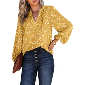 Dokotoo Women's Casual V Neck Alicia Floral Print Smocked Long Sleeve Chiffon Blouses Bohemian Top Shirts