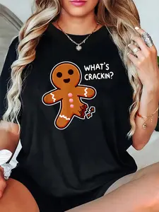 Women's Funny Christmas T-Shirt, 'What's Crackin?' Gingerbread Man Graphic, Short Sleeve 100% Cotton Top for Everyday Holiday Style