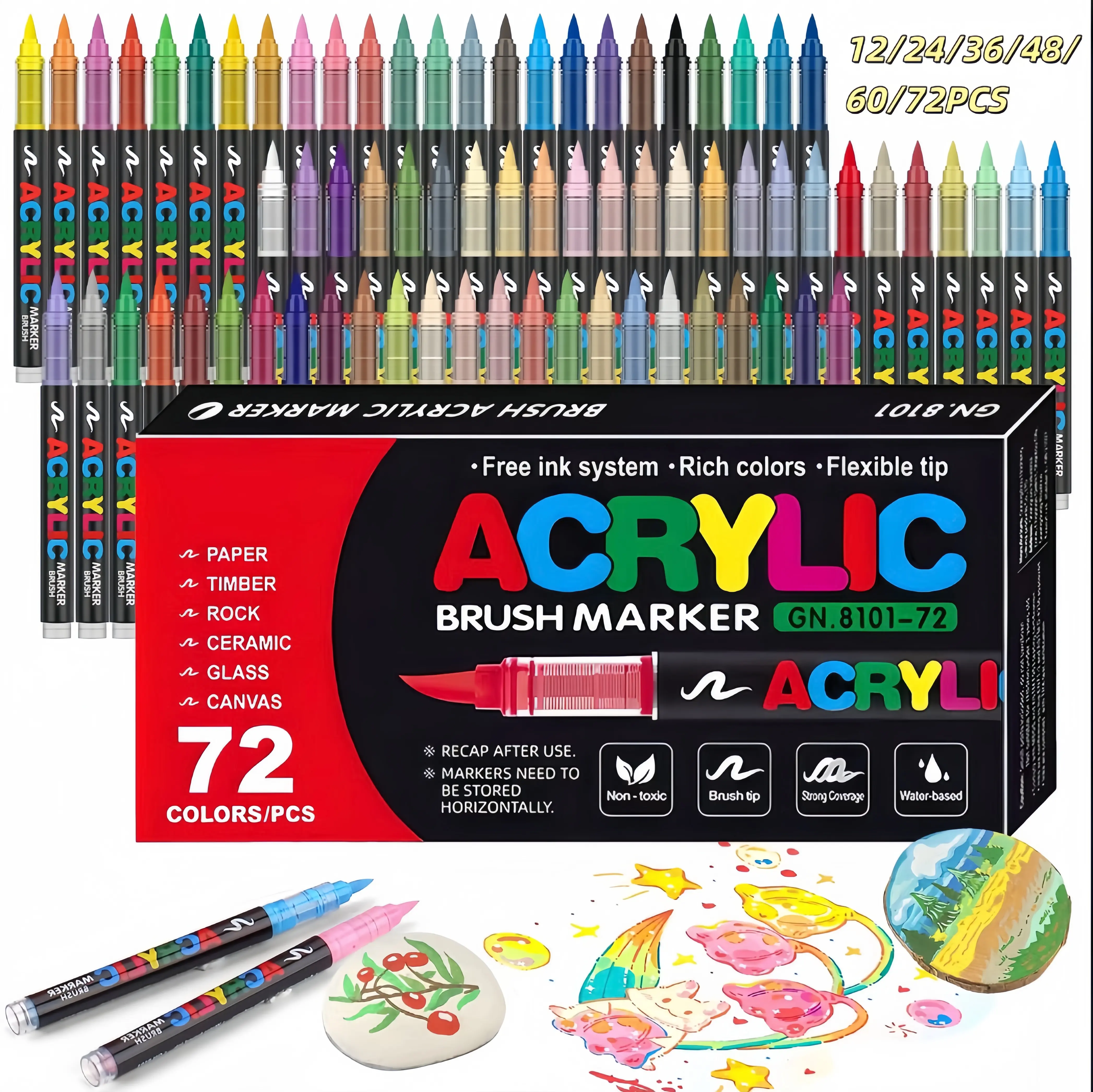 72 Colors Acrylic Paint Markers with Brush Tips, Direct-Liquid Ink Control System, Vibrant Paint Pens for Rock Painting, Canvas, Glass, Wood, Plastic, Fabric, DIY Crafts and Art Projects