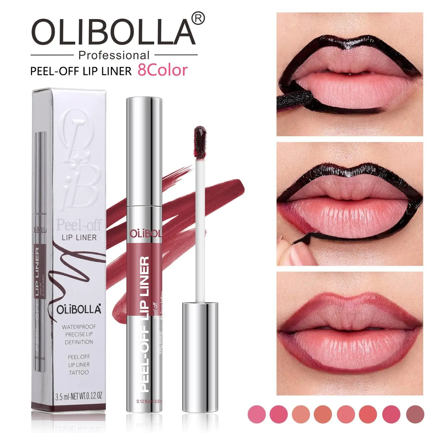 OLIBOLLA 8 Shades Matte Peel Off Lipstick and Lip Liner Duo, Long Lasting Waterproof Lip Tint Stain, Lip Plumping and Contouring Makeup, Smudge-Proof Semi-Permanent Lip Stain