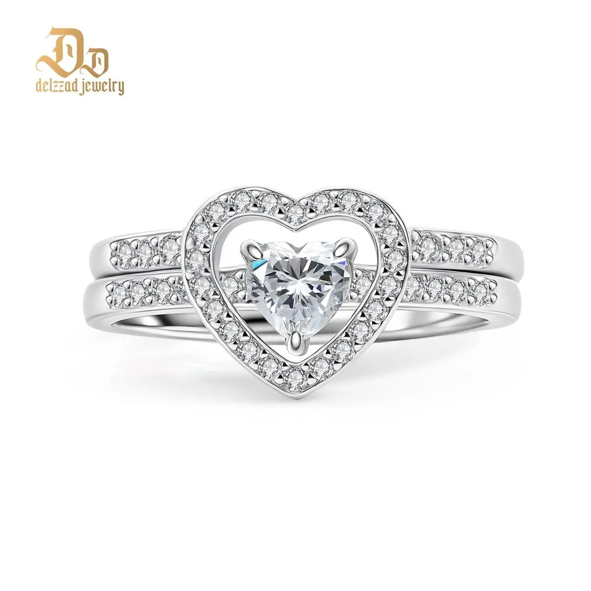 Delzzad 14K Gold-Plated Halo Heart Cut Ring Set D Color VVS Synthetic Moissanite Women's Wedding Engagement Promise Ring Marriage Statement Anniversary Valentine's Day Gifts
