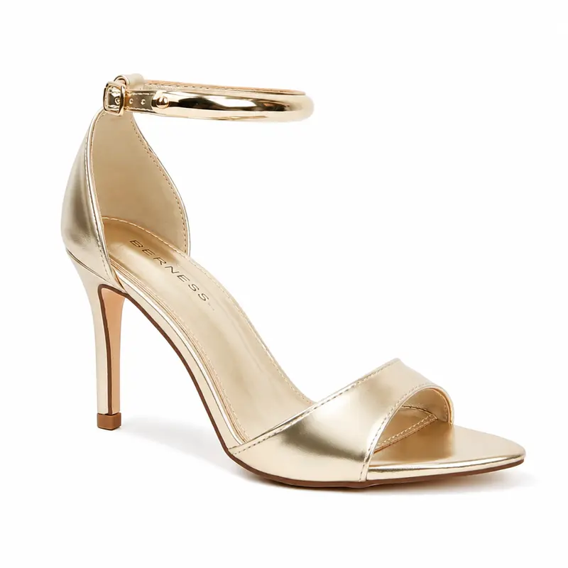 BERNESS Hunter Women's Elegant Designer Stiletto Sandals - Gold Metallic Square Toe, 4" Heel, Adjustable Ankle Strap Buckle, Memory Foam Leather Footwear, Plain Design with Metal Bar, Classy Gold Heels for Office-to-Party Fashion