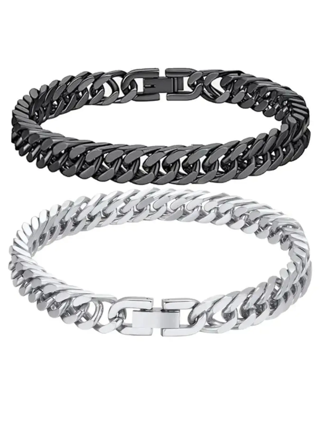 2pcs Cuban Chain Link Bracelets Couple Gift Stainless Steel Wrist Silver Color, 8mm Wide 7.48/8.66 Inch, Halloween Christmas Valentine's Day Jewelry, High Quality Chunky Link Bracelet, Chain Bracelet Set
