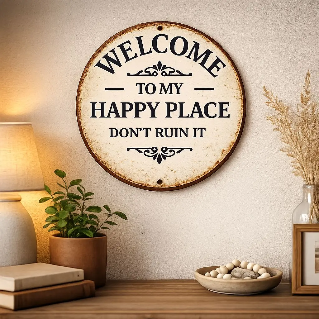 Vintage Round Iron Door Hanger - Humorous Message "Welcome to My Happy Place, Don't Ruin It" - 20cm Farmhouse Porch Home Entrance Hanging Decoration, Humor at the Door Metal Sign (Home & Festive Decor Supplies)