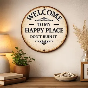 Vintage Circle Metal Welcome Sign - "Welcome to My Happy Place, Don't Ruin It" -  Iron Door Hanging Decor - 20cm Farmhouse Porch Decoration, Funny Home Entrance Decor