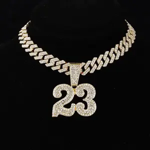 13mm Width Football Number 23 Iced Out Pendant - Gold Zinc Alloy Stainless Steel Chain Jewelry with Religious Zircon, Ice Necklaces, Chain Jewelry Necklaces