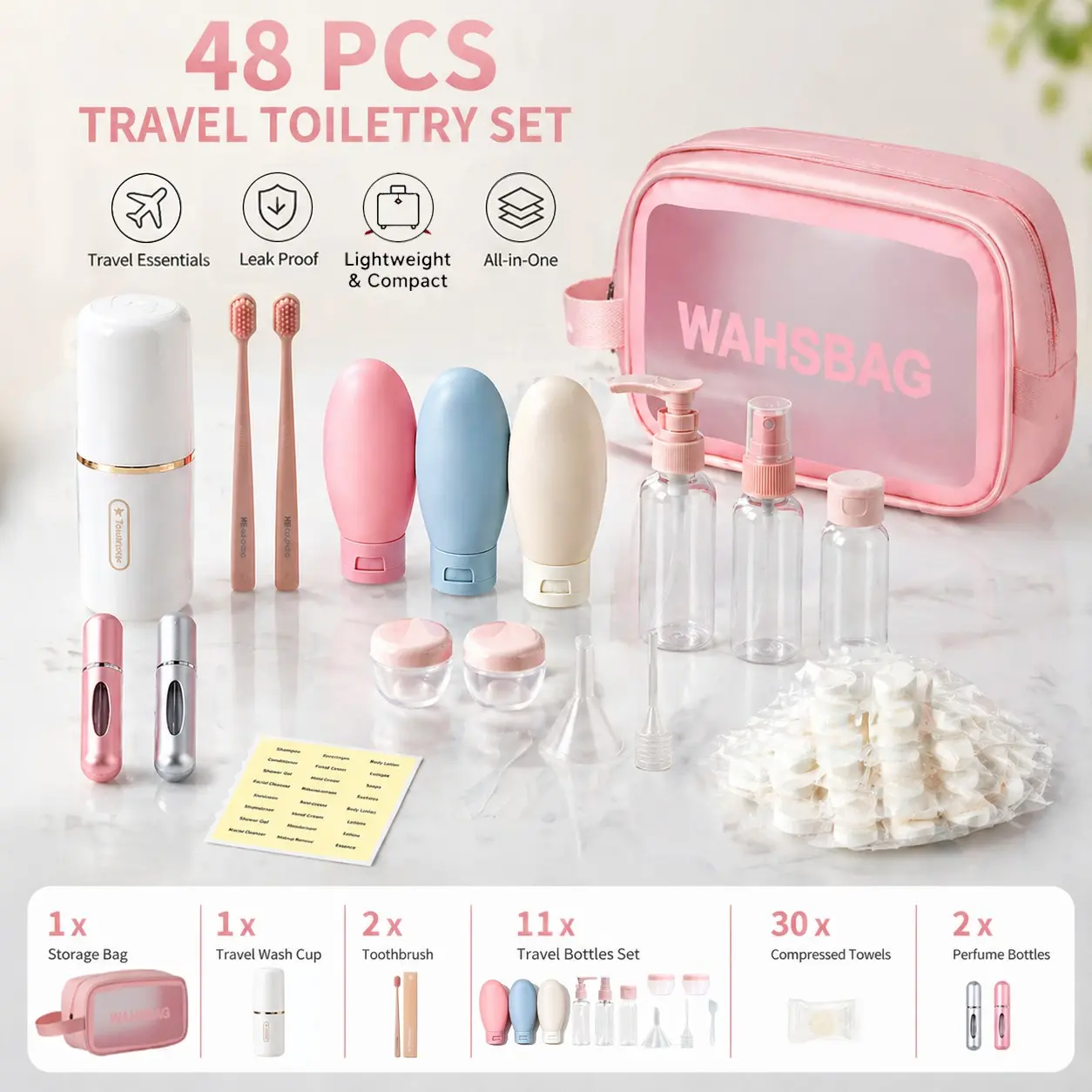 48-Piece Refillable Design Travel Bottle & Toiletry Set, Cosmetic Organizer Bag, Cosmetic Holder, Includes Containers for Sprays, Lotions, Shampoo, Body Wash, Plus Compressed Towels, 3-in-1 Travel Wash Cup, Ideal for Travel, Business Trips, Camping