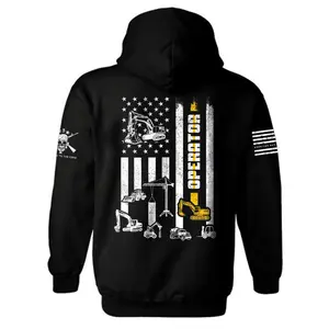 Heavy Equipment Operator Hoodie Funny Construction Worker Gift Men Black Pullover Sweatshirt Patriotic American Flag Graphic Excavator Crane Jumper Blue Collar Grind Gear Heavy Duty Fleece Hoody Novelty Back Print Crewneck