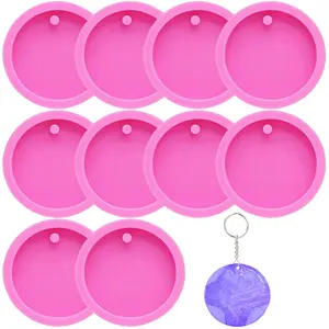 10 Pack Round Keychain Silicone Mold Set,Flat Circle Resin Molds with Hole,Keychain Charms Epoxy Resin Casting Molds for DIY Earrings,Keychain,Pet Tag,Jewelry Making,Crafts Making,Hand Tools Kits