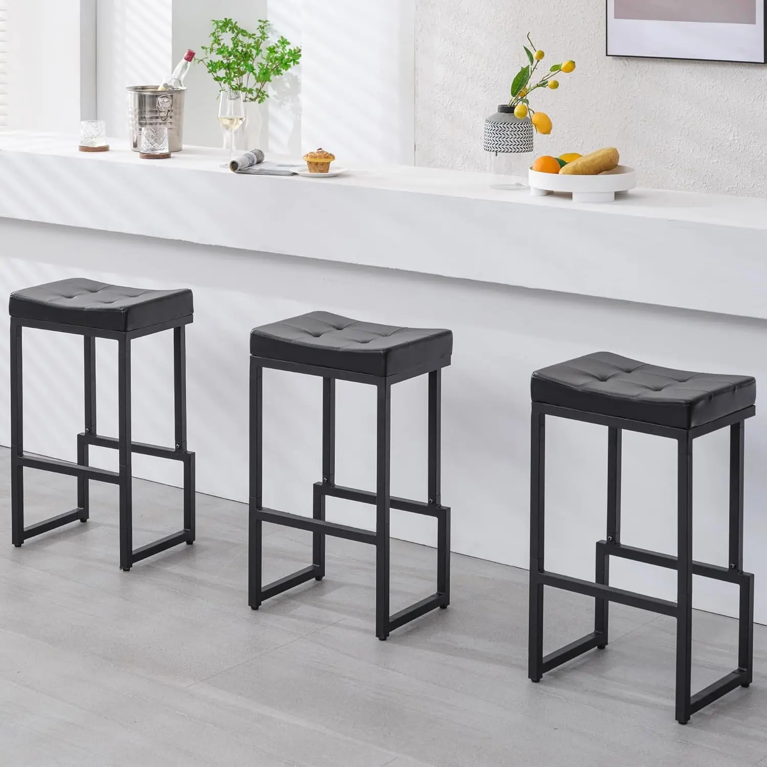 FIRAVOE Modern Bar stool Set, 24-28" Counter Height Backless PU Leather Saddle Seat Barstools with Metal Legs & Adjustable ft, Without Arms for Bar, Kitchen, Modern Barstool Set, Pu Leather Barstools