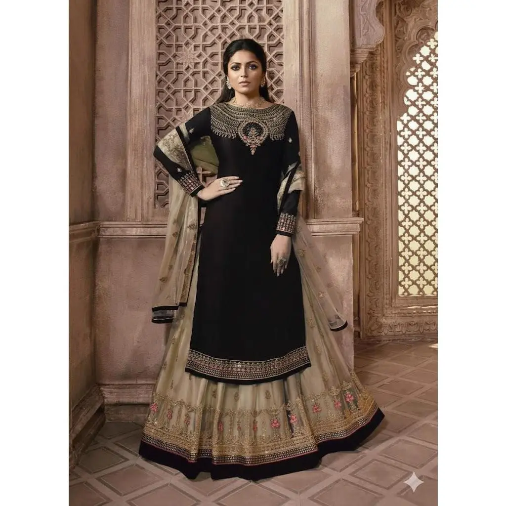 Embroidered Georgette & Net Anarkali 3Pcs Gown For Women