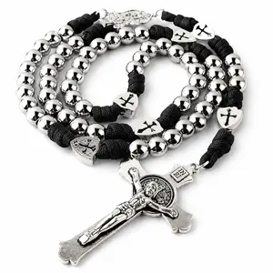 Men's Paracord Rosary Necklace with Crucifix Pendant, 52 cm Silver-Tone Beaded Polyester Prayer Beads, Christian Gift for Father's Day