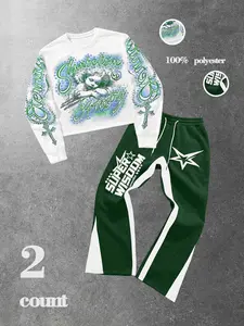 Men's Spring Colorblock Graphic Angel Cross Vintage Two-Piece Set, Printed Hooded Short Loose Sweatshirt, Drawstring Side Striped Star Pants