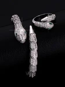 Trendy Luxurious 18k Gold-Plated Copper Zircon Snake-Shaped Animal Motif Open Bracelet Ring Set, High-Quality Jewelry Gift for Friends