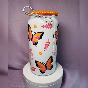 *Ready-2-Ship* 16oz Stainless Steel Cup w/ Lid & Straw- Pink & Orange Butterfly