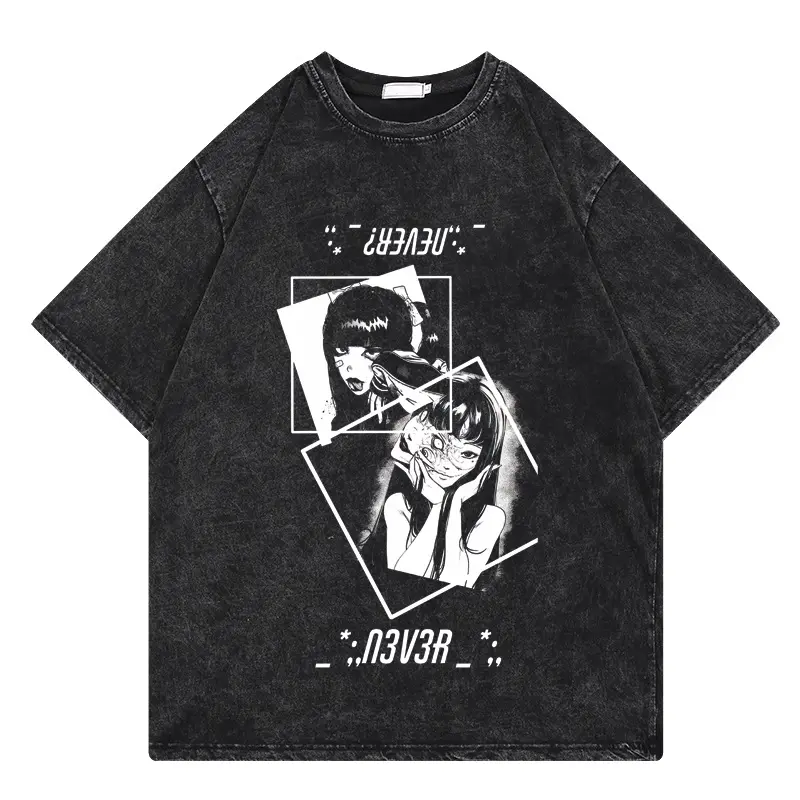 Men's T-Shirt with Vintage Figure Graphic, Fitted Japanese Streetwear Style in Washed Cotton for Daily Wear, Tops, Round Neck, Shortsleeve, Casual, Distressed, Menswear