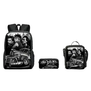 3pc Blood In Blood Out Youth Backpack Set Large Capacity Zipper School Travel Backpack Authentic Chicano & Lowrider Inspired Design Vintage Cityscape Print Back To School Gift Casual Daypack For Teens Students Boys Girls Laptop Bookbag