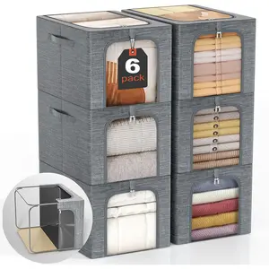 Clothes Storage Bin with Metal Frame: 6-Pack Stackable Clothing Storage Bin with Lid for Closet, Fabric Storage Bag Organizer Boxes for Sweaters T-Shirts Bedding Towels 40L