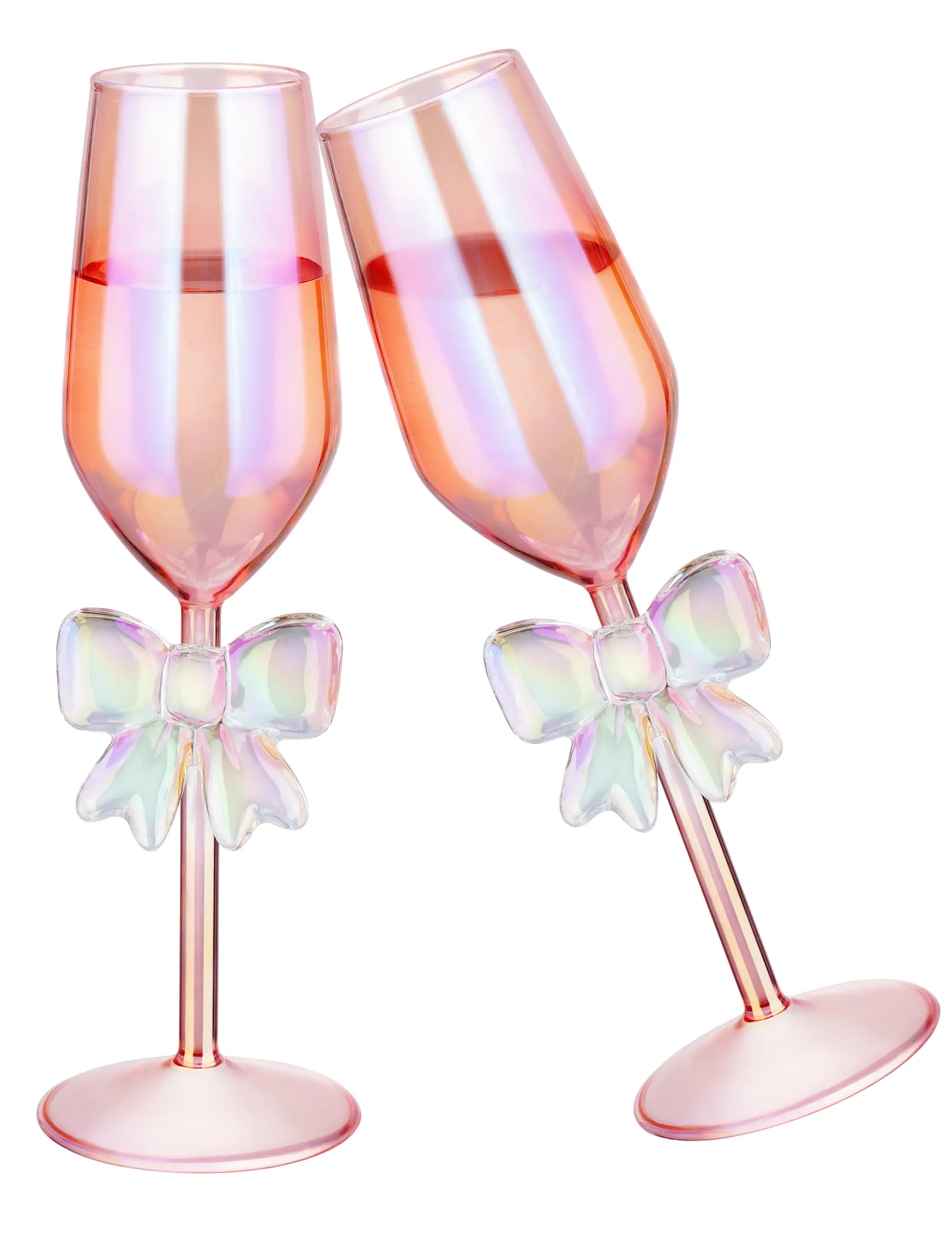 NiHome 2-Pack Durable Premium High Borosilicate Decorative Glass Set, 10.5oz (0-500ml) Handcrafted Iridescent Rainbow Bow Base Pink Champagne Flutes, for Women’s Weddings, Outdoor Gatherings