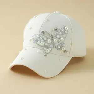 Women's Plain Butterfly Motif Pearl Baseball Cap - Unisex Fit, Casual Summer Bling Accessory, Face-Slimming Design, Outdoor Fashion Hat (Cross-Border Ready)