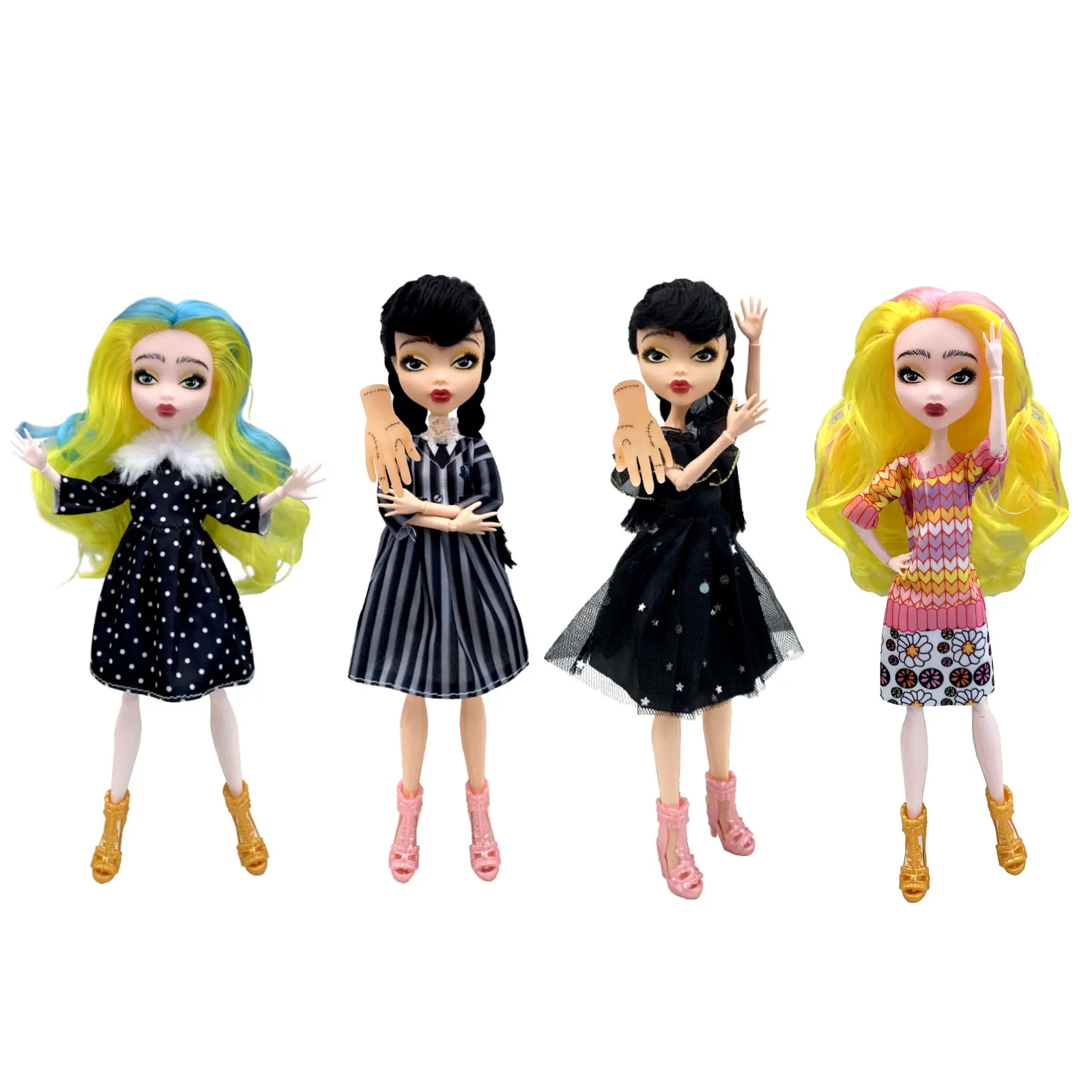 9 inch Dolls, Black Friends Set, 4x 9 inch High Dolls with Shoes, Wine Lip, Black Dress, 2 Little Things, Made to Move Dolls, Birthday Gifts for Kids Girls wednesday Fans, Christmas Holidays Toys