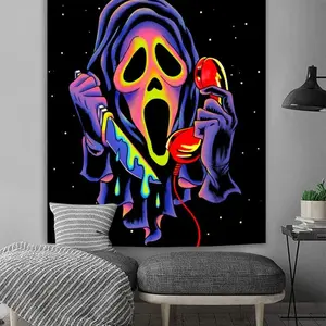 Horror Ghost Face Blacklight Tapestry, UV Reactive Tapestries Wall Hanging, Halloween Decoration Glow in The Dark Party Backdrop Tapestry for Bedroom, Living Room
