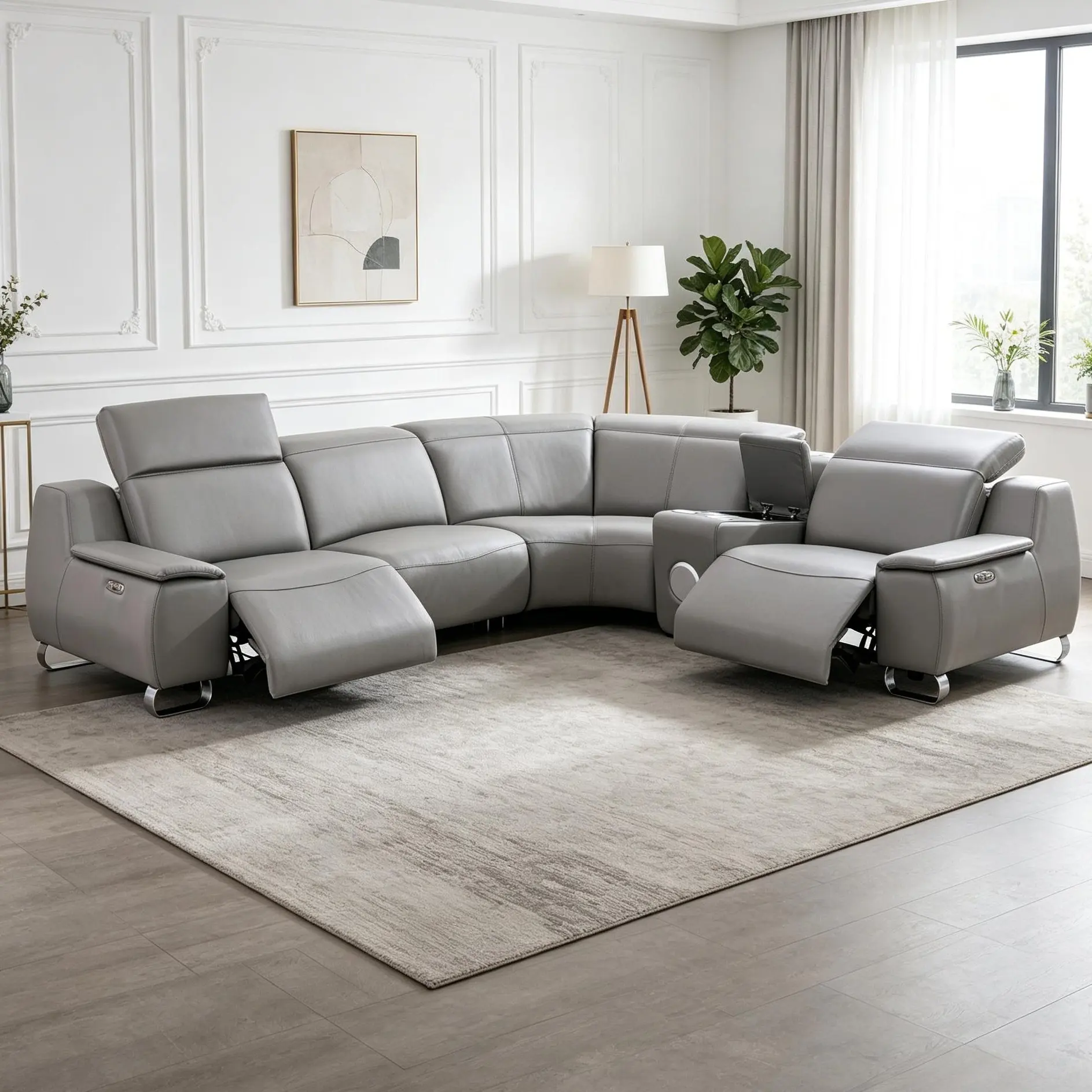 Dark Grey Top Genuine Cowhide Leather 5-Piece Sofa Set, crafted with premium top-grain cowhide for a luxe touch. Multi-functional design meets diverse daily needs, solid structure and elegant dark grey finish elevate your living room.
