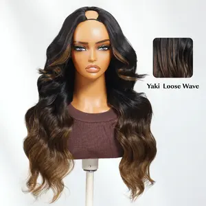 UNICE V Part Wig, Ombre Chestnut Brown Yaki Loose Wave Human Hair Wig, Glueless & Beginner Friendly Easy Install, Loose Wave Wig, Ombre Color Wigs