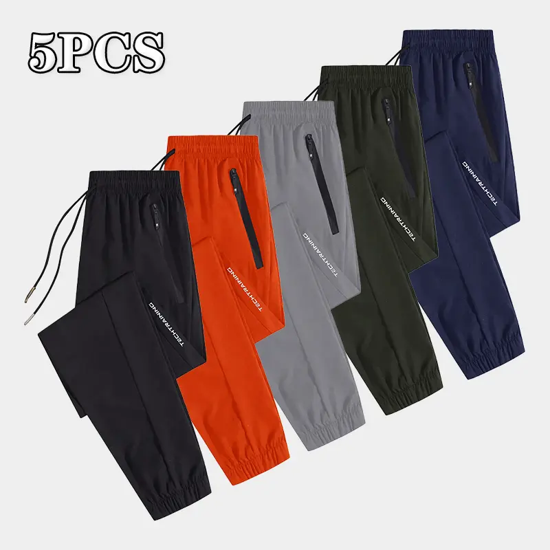 Men's 5-Piece Plain Active Athletic Track Pants Set - Breathable Fabric, Drawstring Waistband, Zippered Pockets, Customizable Fit, All-Season Gym, Running, Casual Wear, Active Men's Pants